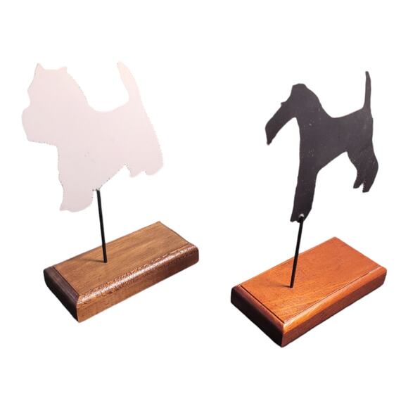 Two metal cut-out dog on wood stand schnauzer 1 black 1 white app 4.25" X 7" GLF - Picture 1 of 6